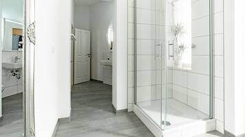 Ducha, secador de pelo, toallas y papel higiénico