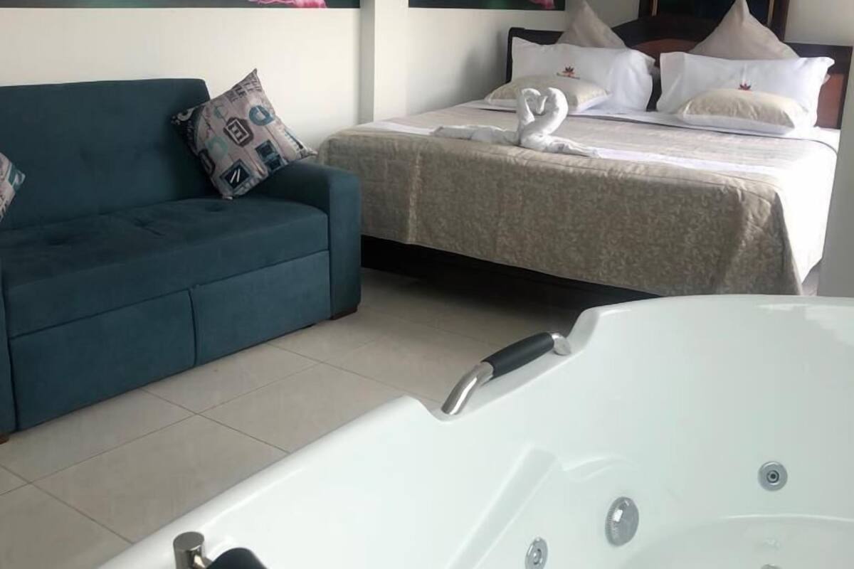 A hotel room with a bed, a sofa, and a bathtub.