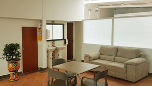 Una habitación con un sofá, una mesa, sillas, un lavamanos y una planta en maceta.