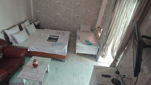 A small, cozy room with a bed, a red leather couch, a small table with a vase, and a television. - Guest House Nise (Tbilisi)