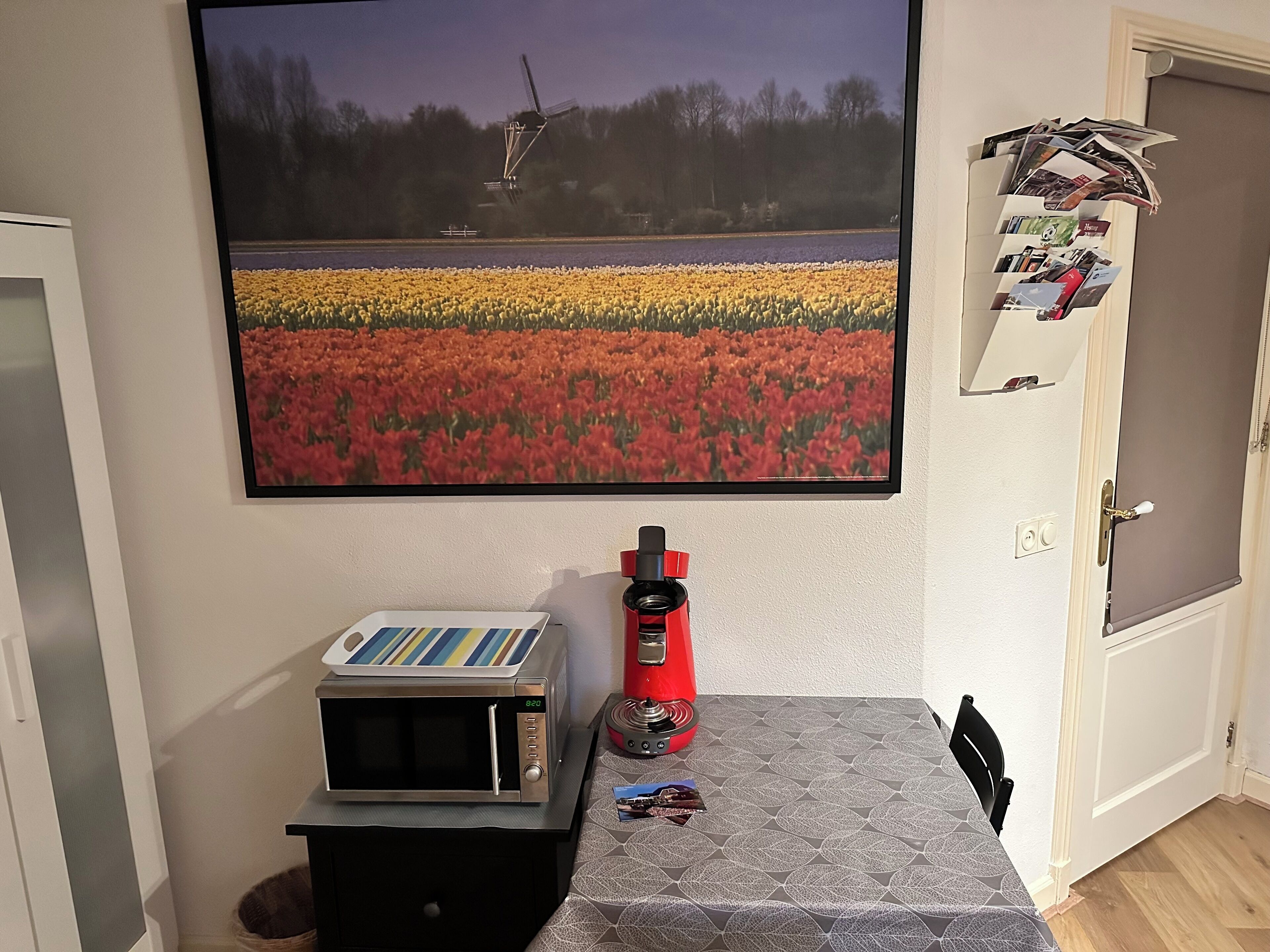 Quarto com uma grande janela mostrando um campo de flores e um moinho, micro-ondas em um armário, e uma porta com calendário e fotografias.
