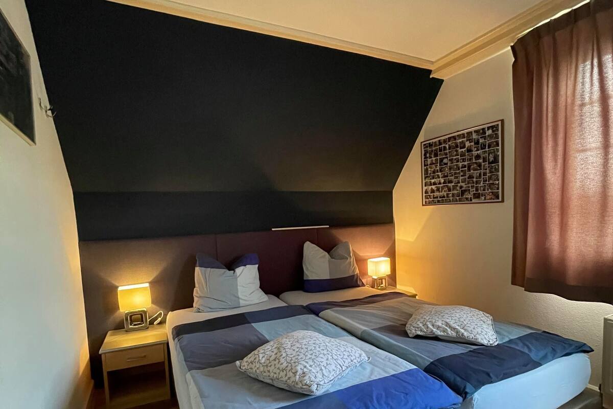 Un dormitorio con dos camas, cada una con una mesita de noche y una lámpara. La habitación tiene un techo oscuro y un cuadro en la pared.