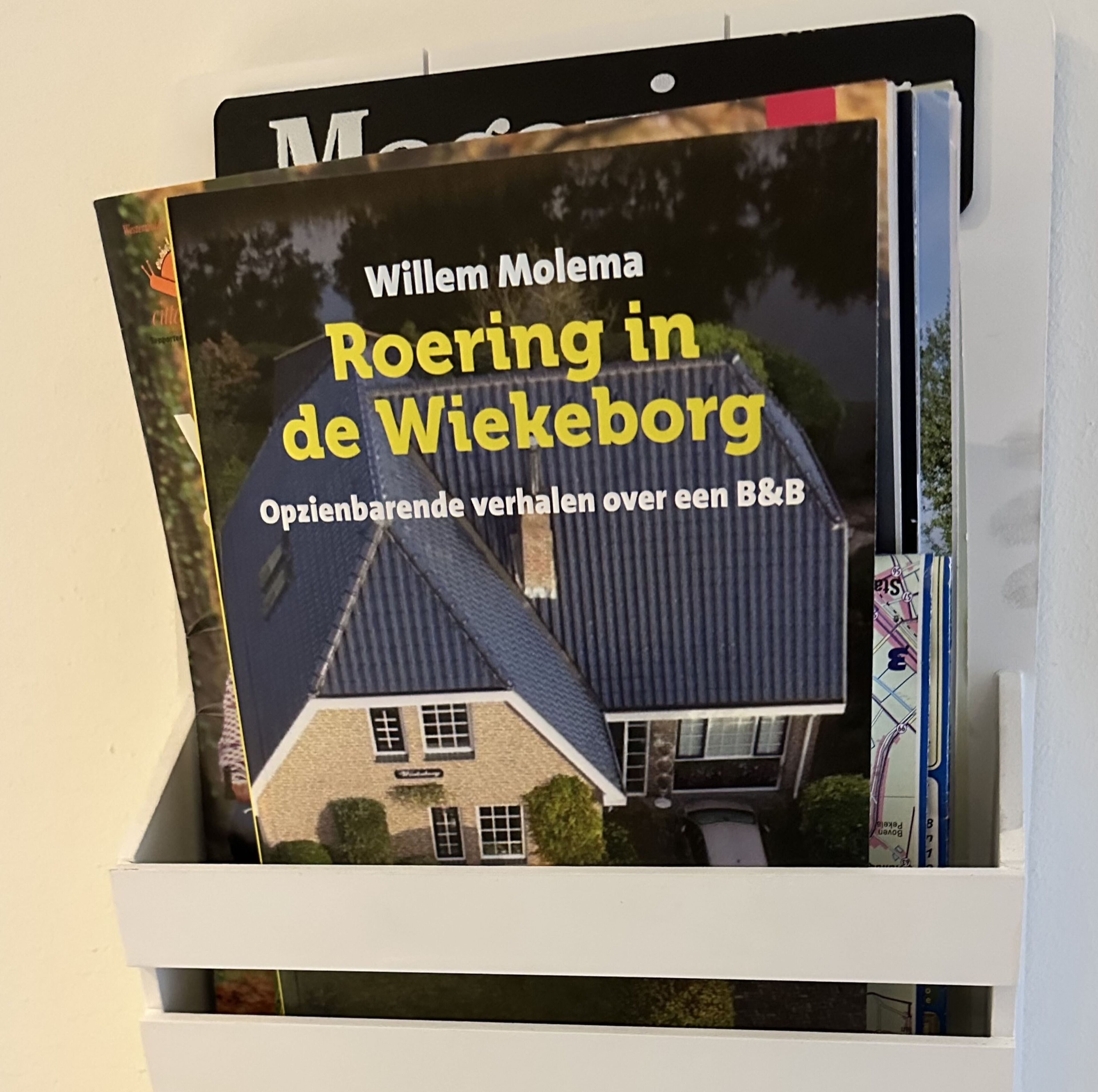 Um livro intitulado 'Roering in de Wiekeborg' de Willem Molema, abordando artigos de opinião sobre uma Pousada.