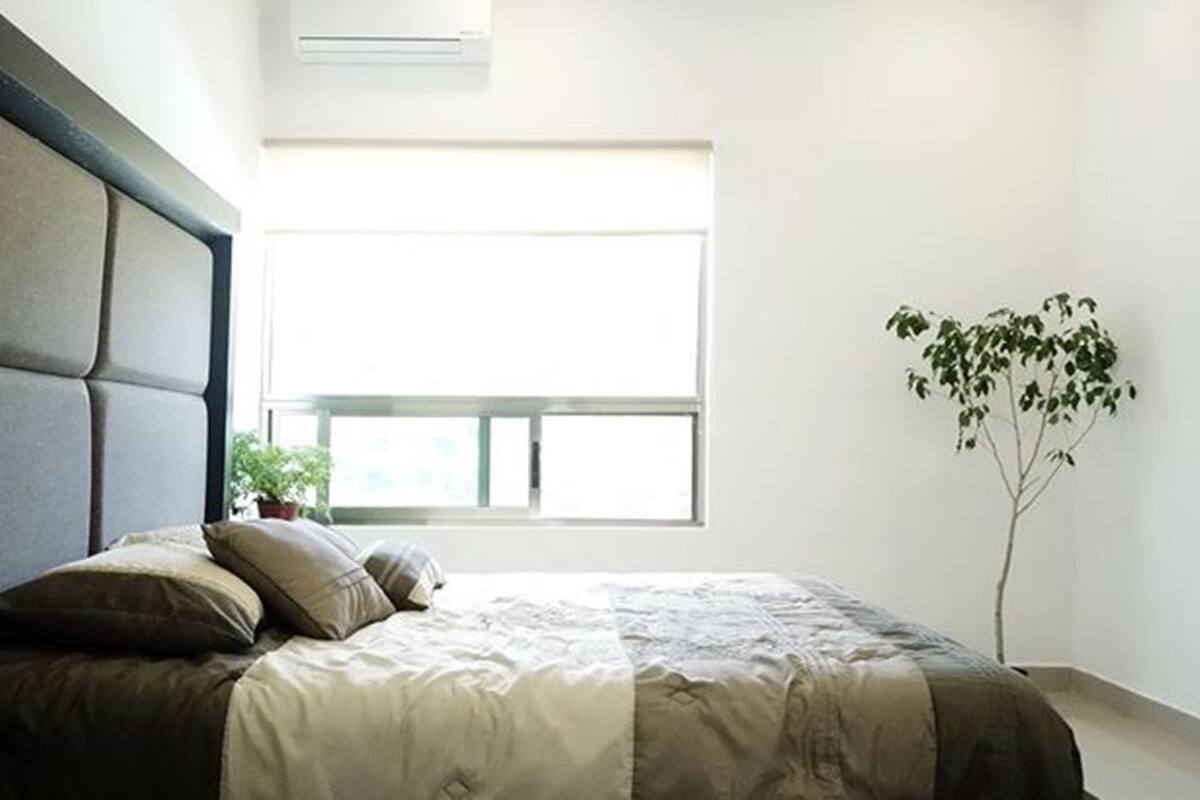 A bedroom with a bed, a window, and a potted plant.