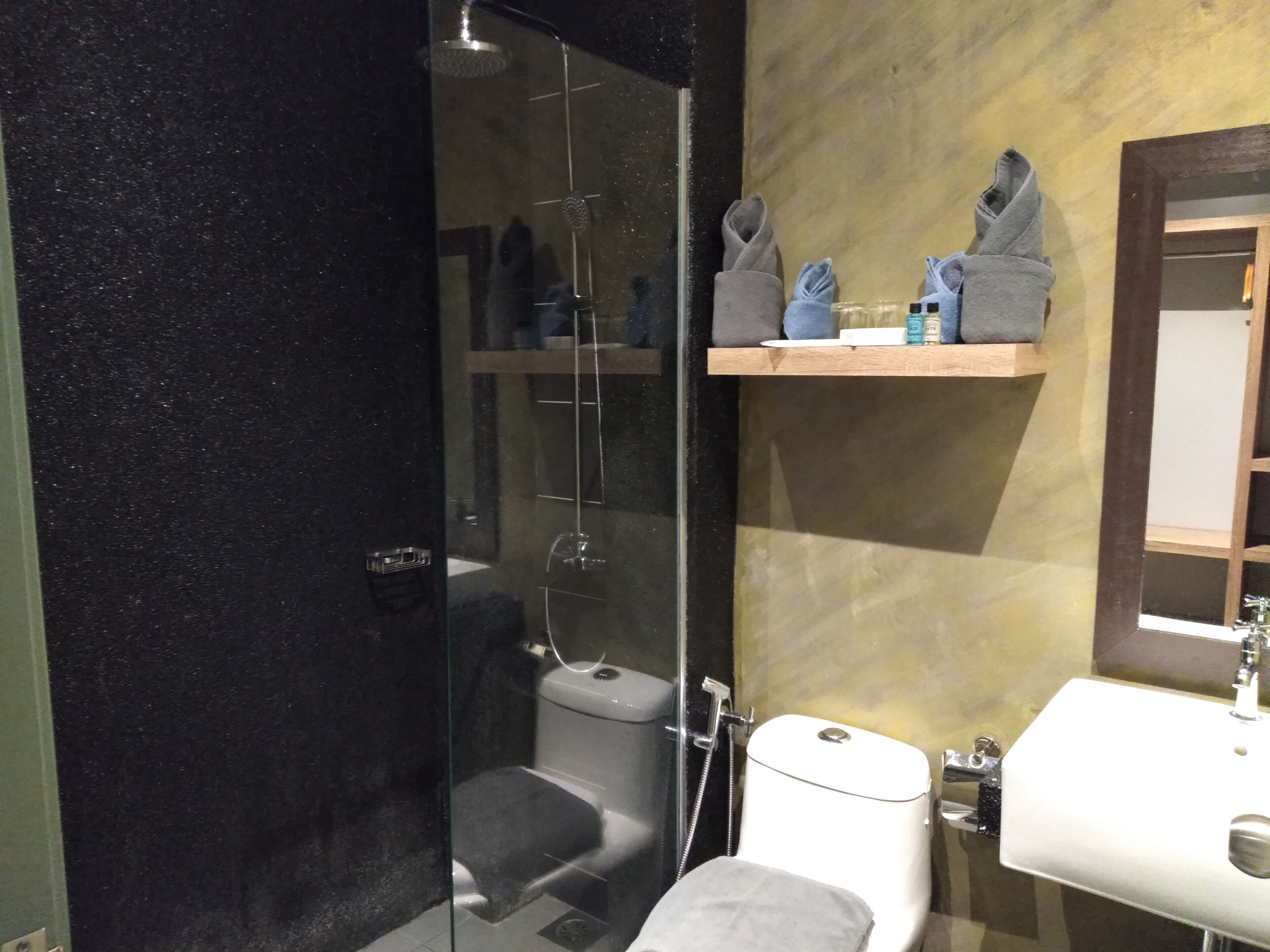 A modern bathroom with a glass-enclosed shower, a toilet, and a sink.