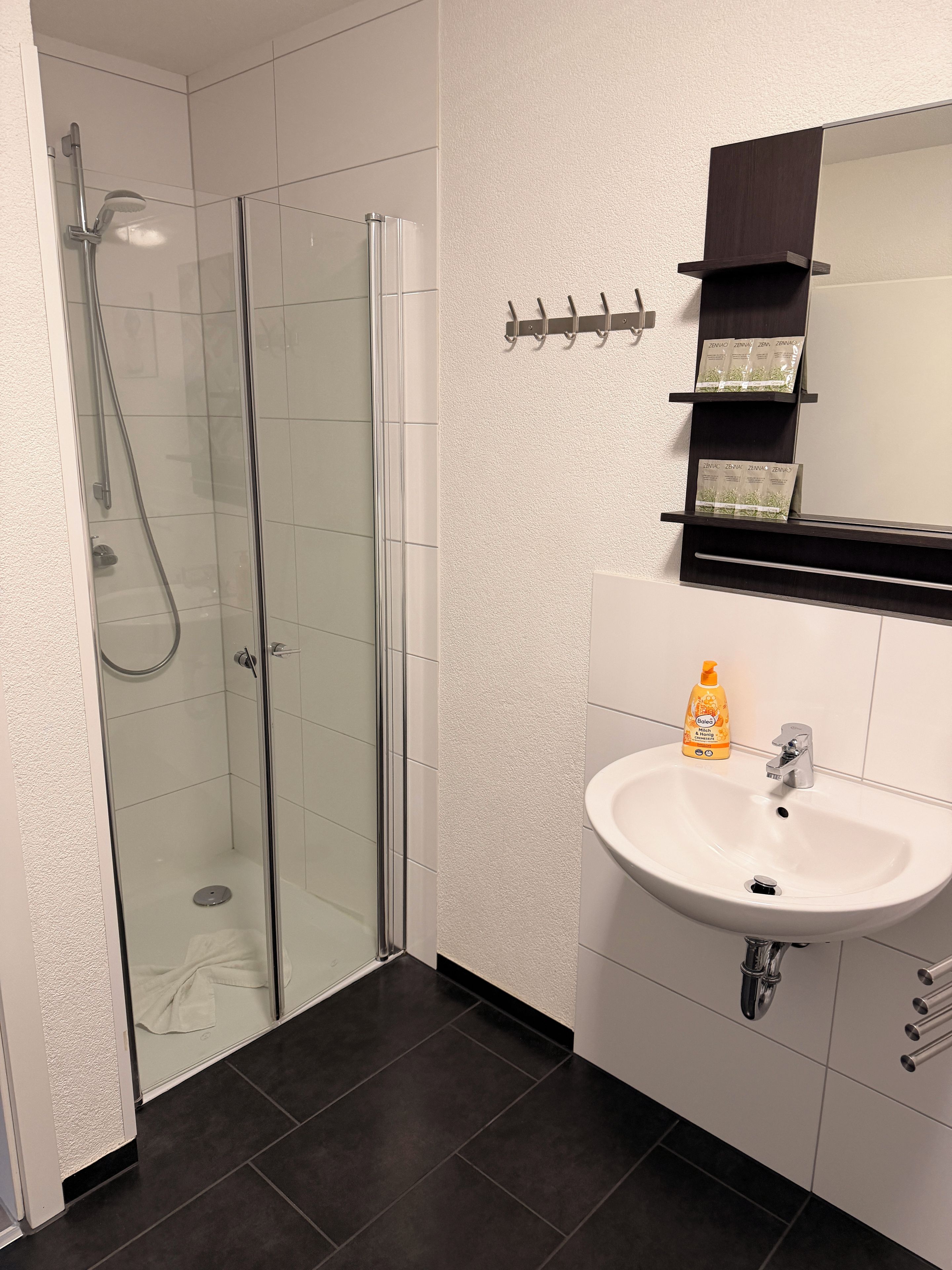 Un baño moderno con ducha envuelta en vidrio, un lavamanos blanco con dispensador de jabón y un espejo con un estante de madera encima.