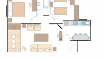 Plano de un cuarto de hotel que incluye una sala de estar, cocina y baño. Se observan un sofá, una mesa de comedor y una barra de cocina.