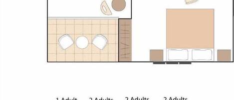 A hotel room layout with a bathroom, kitchenette, and a dining area. There are 2 adults and 1 child accommodated.