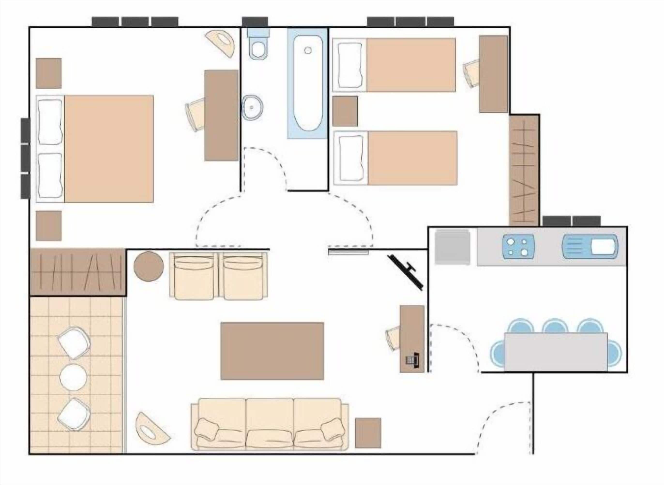 Plano de planta de una habitación de hotel con kitchenette, una zona de estar con sofá, una mesita y una ventana.