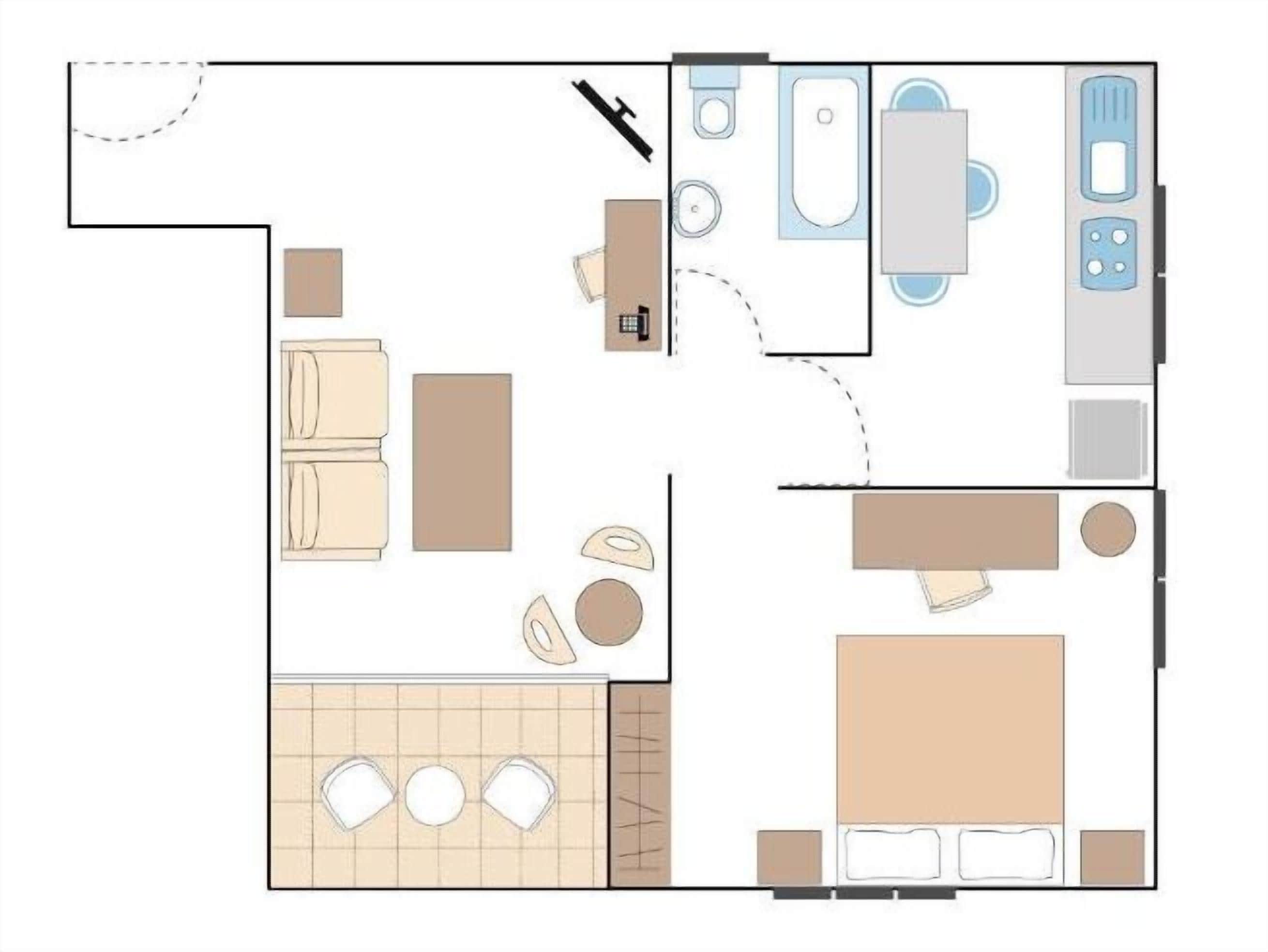 Een hotelkamer met een badkamer, kitchenette en zithoek.