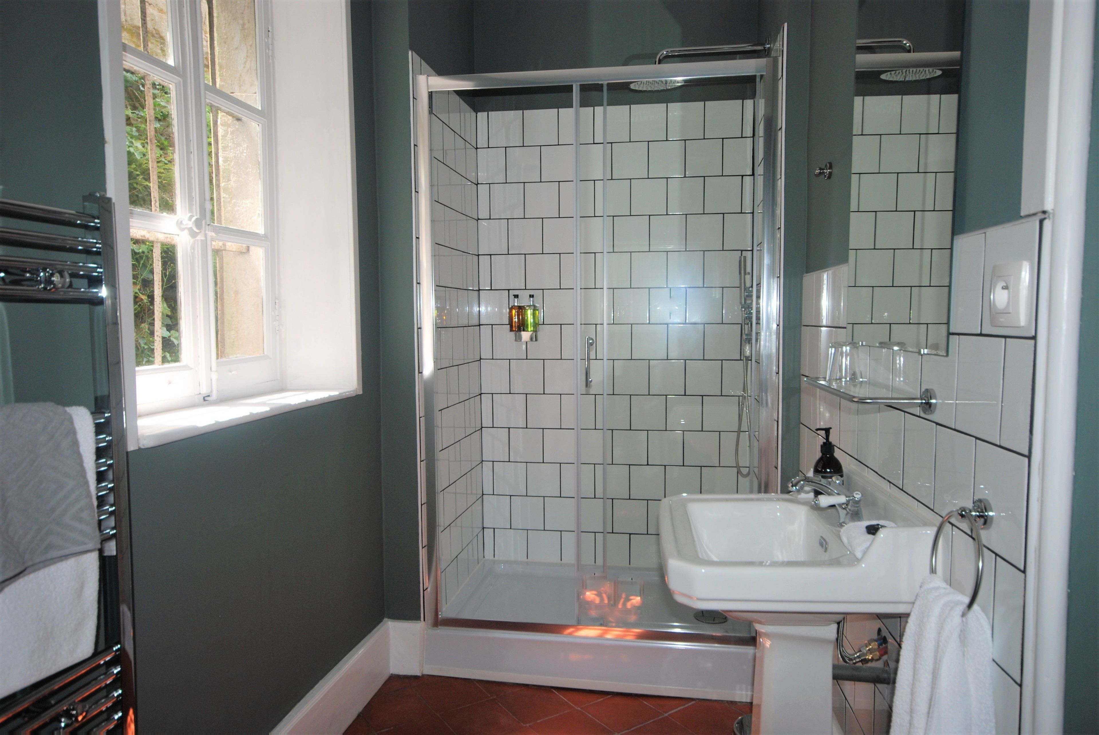 A bathroom with a shower, a sink, and a window.