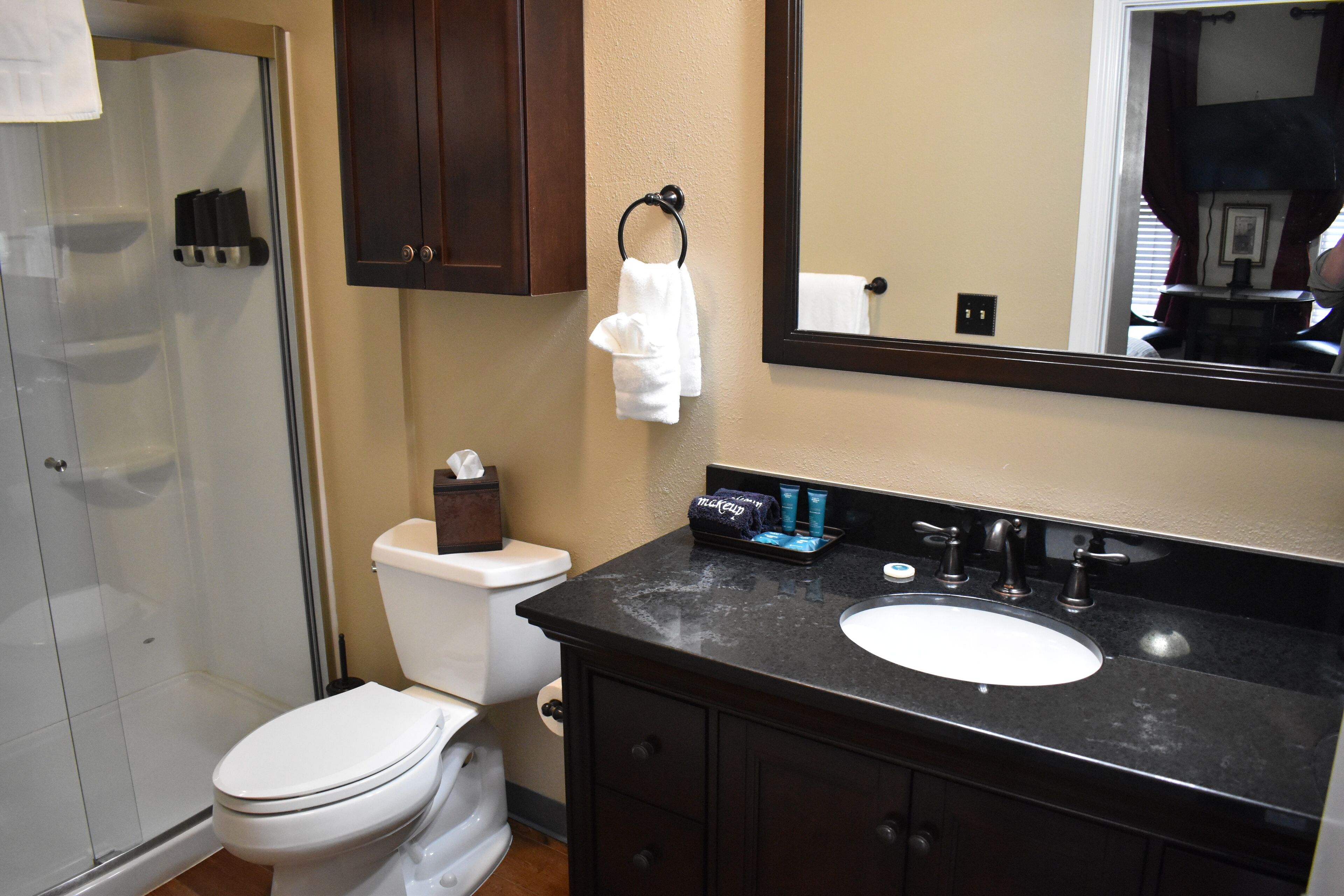 A bathroom with a toilet, sink, and mirror.