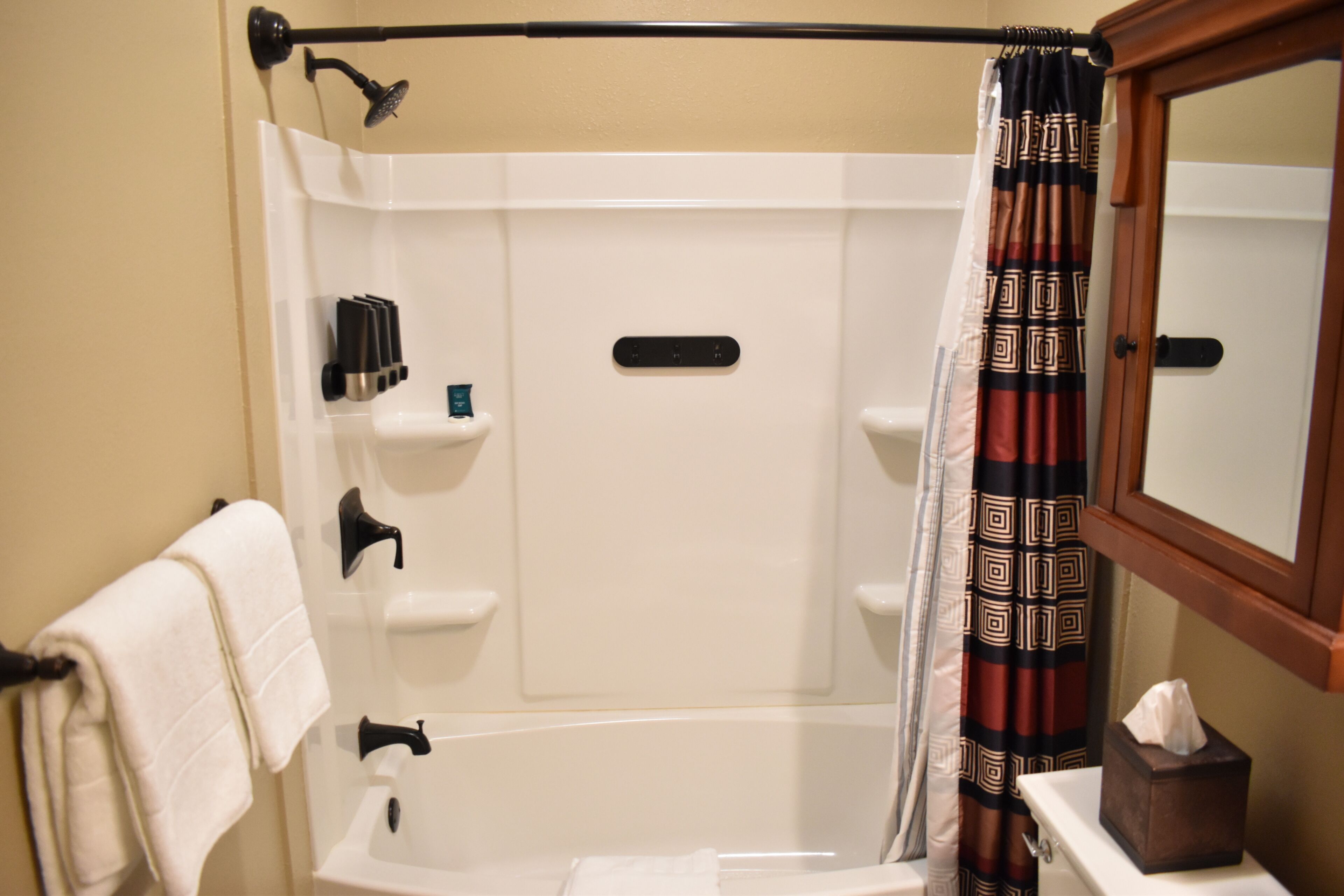 A bathroom with a bathtub, a shower, a towel rack, a soap dispenser, and a tissue box.