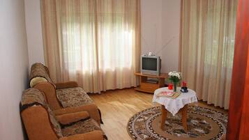 A living room with a sofa, a television on a wooden stand, a small table with a vase of flowers, and a patterned rug.