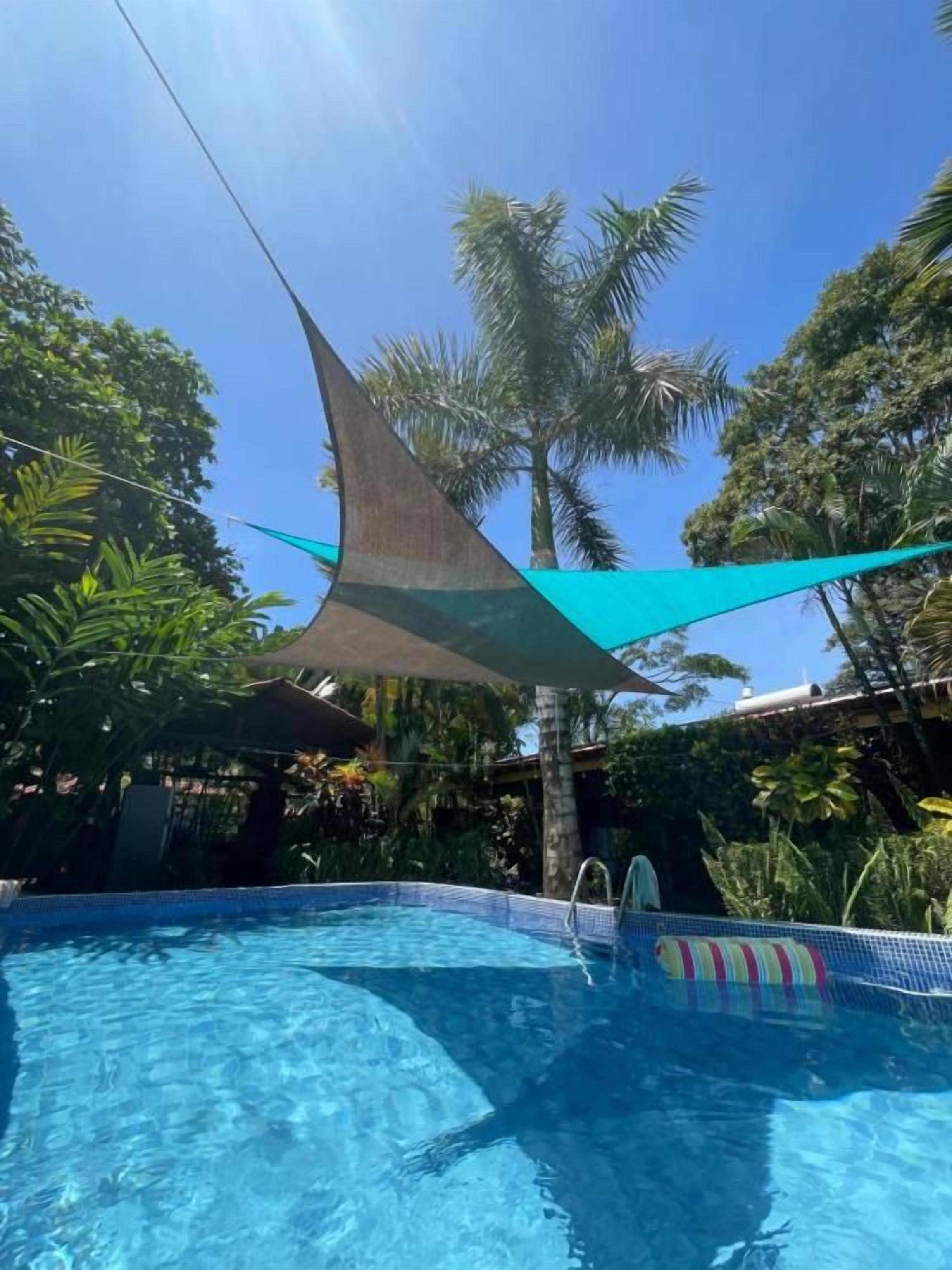 A swimming pool with a clear blue water surface, surrounded by lush greenery and a shaded area with a triangular shade sail.