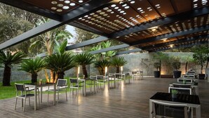 Un patio al aire libre con suelo de madera, sillas y mesas de metal, rodeado de plantas en macetas y árboles.