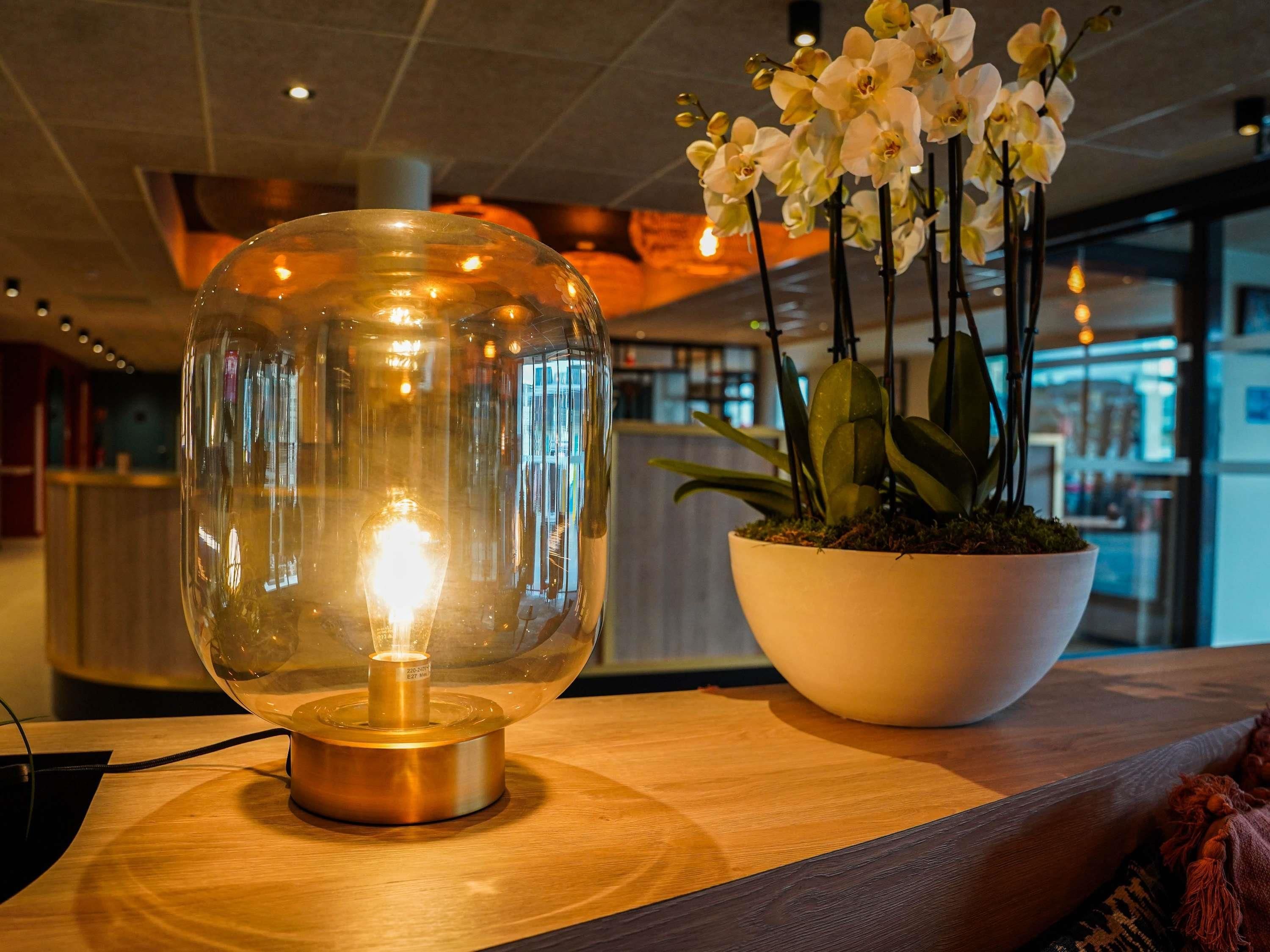 Un intérieur moderne avec une lampe sphérique posée sur une table en bois, une orchidée en pot et un espace d’accueil en arrière-plan.