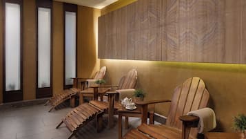 A room with wooden furniture, including chairs and tables, and a large wooden panel on the wall.
