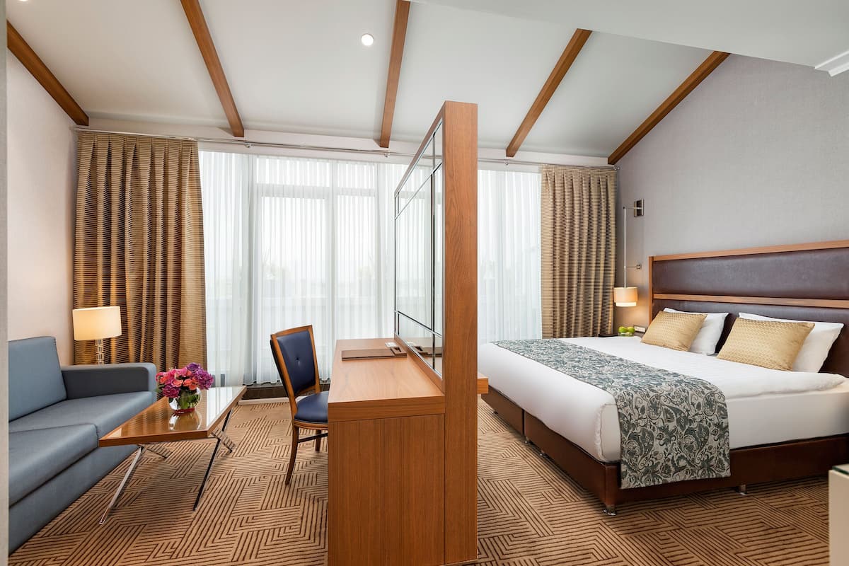 Una habitación de hotel con cama, escritorio, silla y sofá.