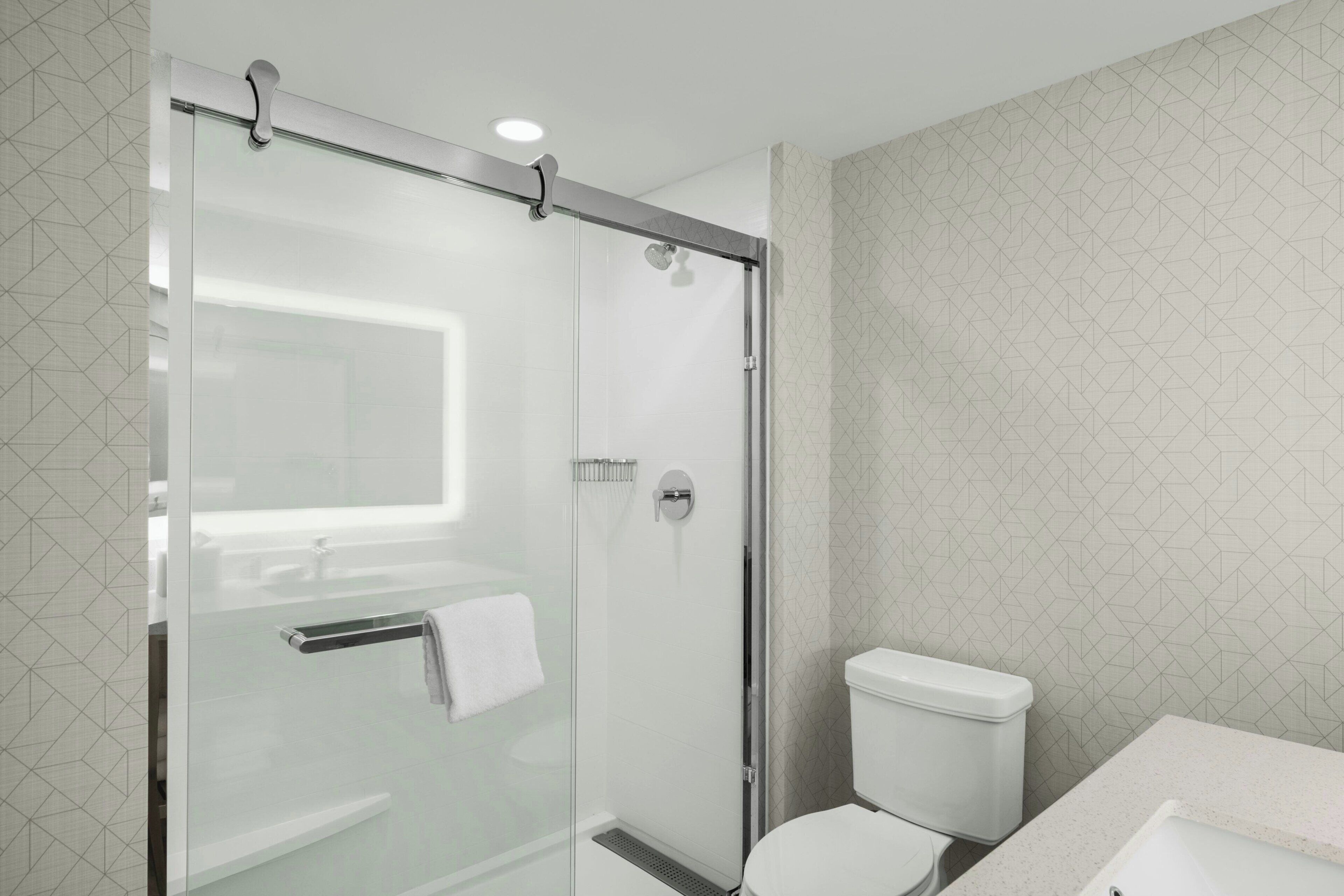 A modern bathroom with a glass shower enclosure, a toilet, and a sink.