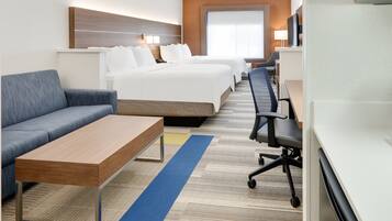 Tempur-Pedic beds, desk, laptop workspace, blackout drapes