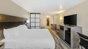 A hotel room with a large bed, a desk with a flat-screen TV, a microwave, and a seating area with a chair.