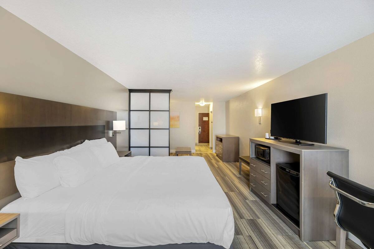 Een hotelkamer met een groot bed, een bureau met een flatscreen-tv, een magnetron en een zithoek met een stoel.