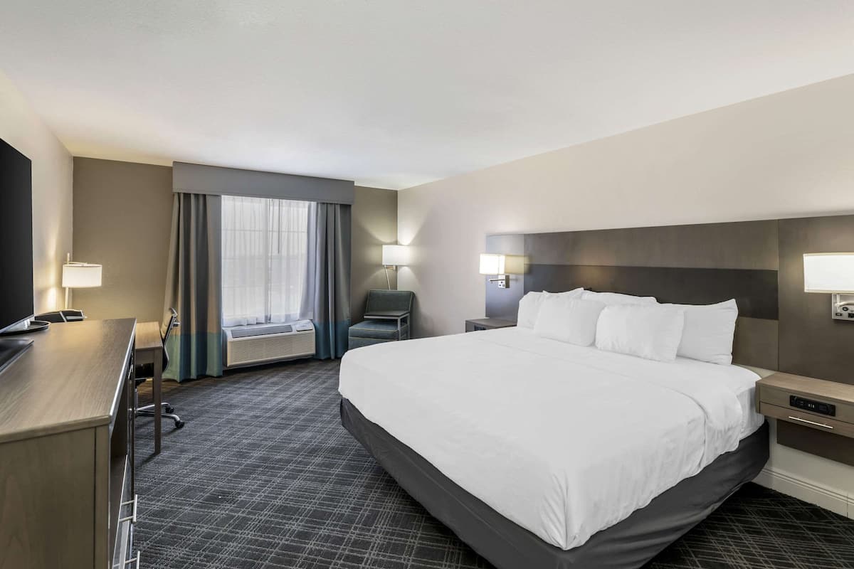 Hotelkamer met een groot bed, een bureau, een stoel, een televisie, een lamp en een raam met gordijnen.