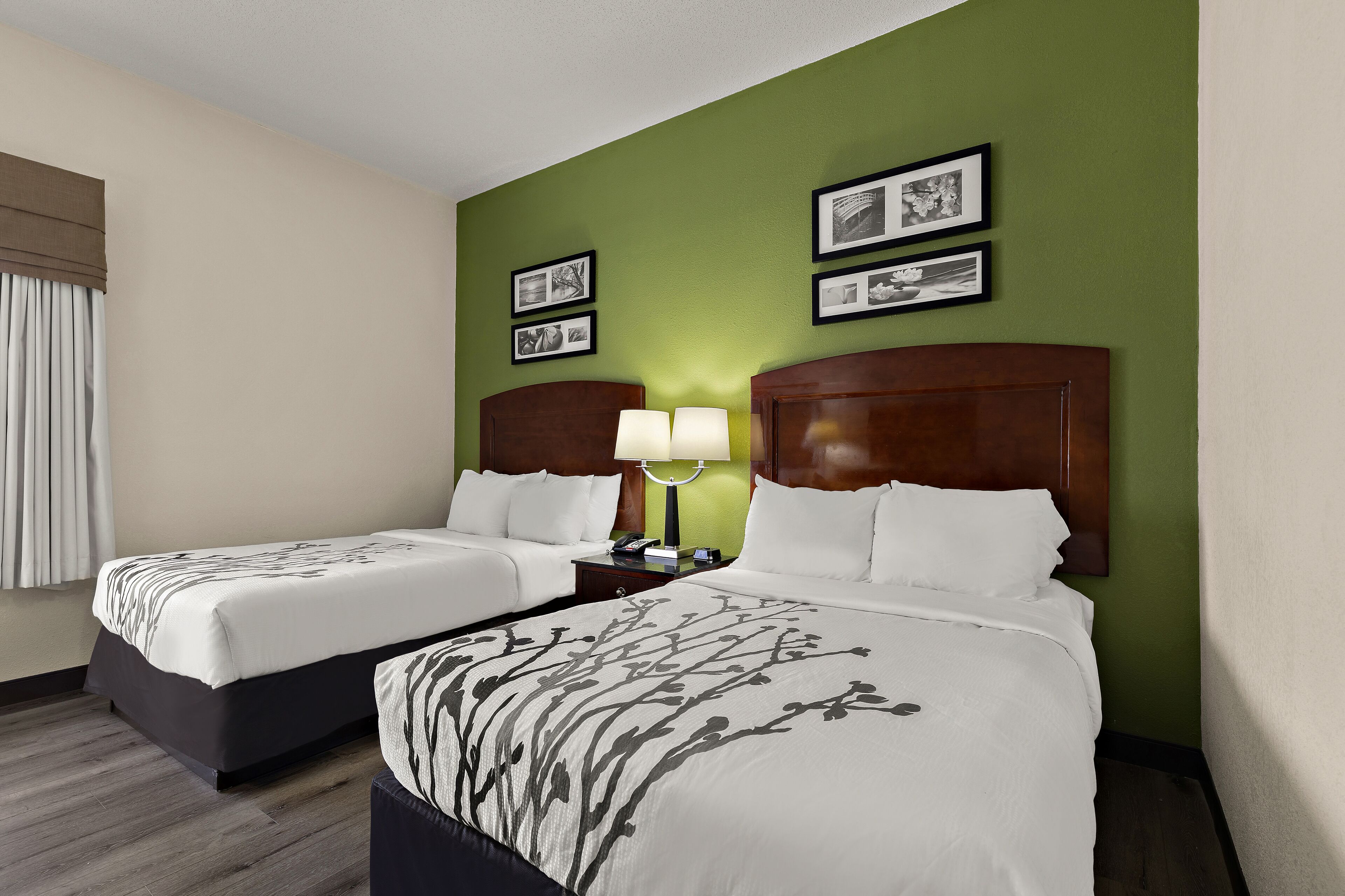 A hotel room with two beds, a nightstand with a lamp, and framed pictures on the wall.