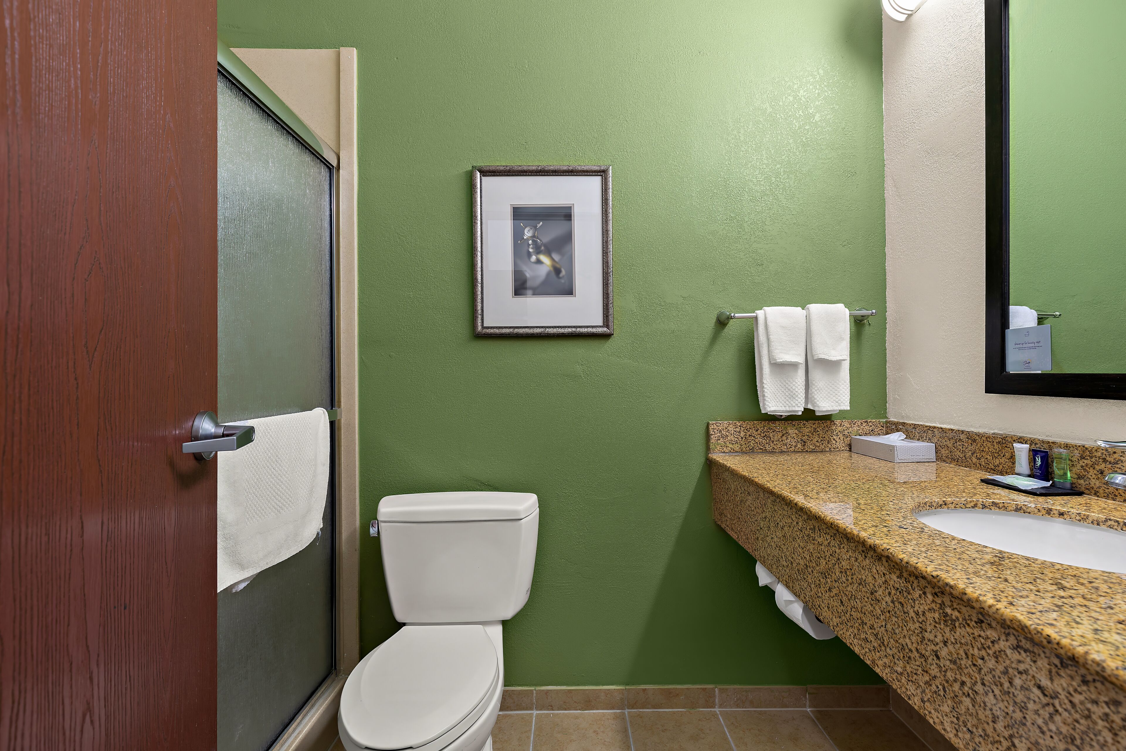 A bathroom with a toilet, sink, and a framed picture on the wall.