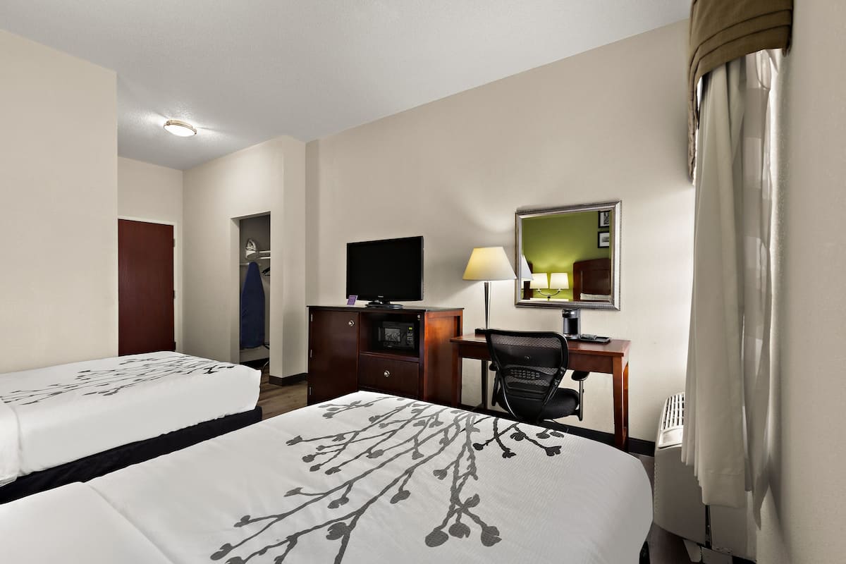 A hotel room with two beds, a desk with a computer, a TV, a lamp, and a mirror.