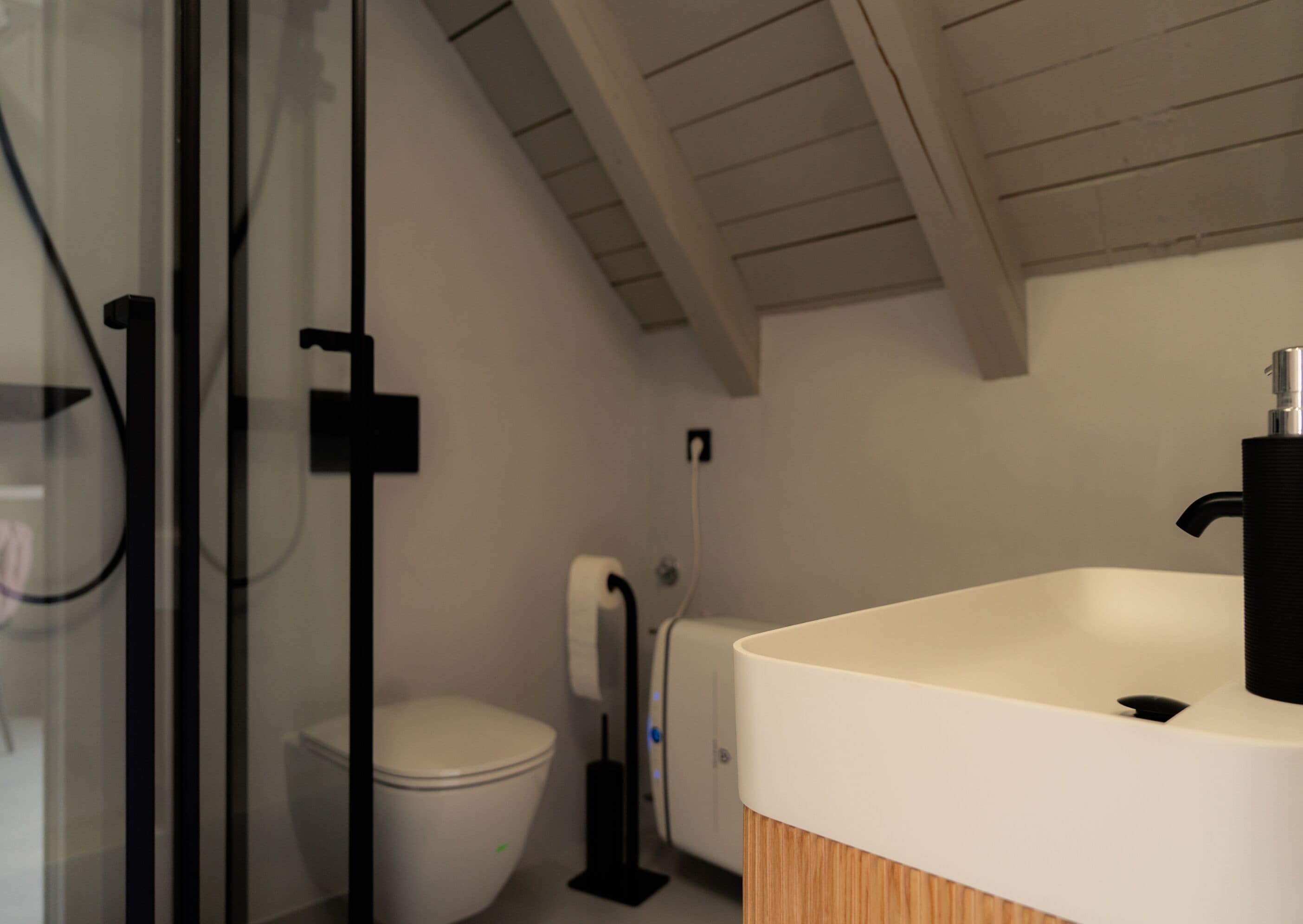 A modern bathroom with a glass shower enclosure, a toilet, and a sink with a black faucet.