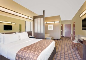 Una habitación de hotel con una cama grande, un escritorio, una silla y un televisor.