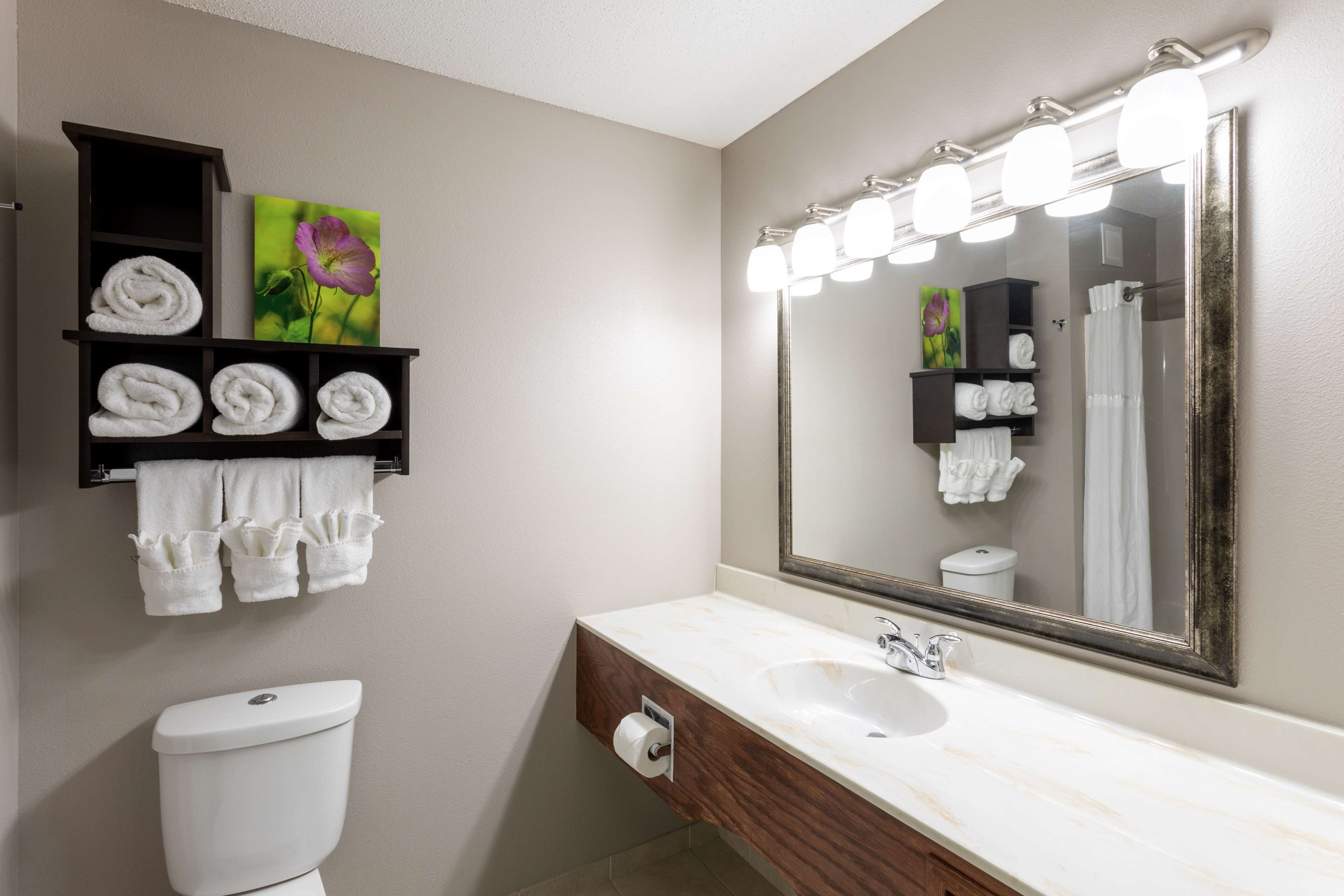 Un baño con lavamanos blanco, un espejo con luces, un inodoro y toalleros.