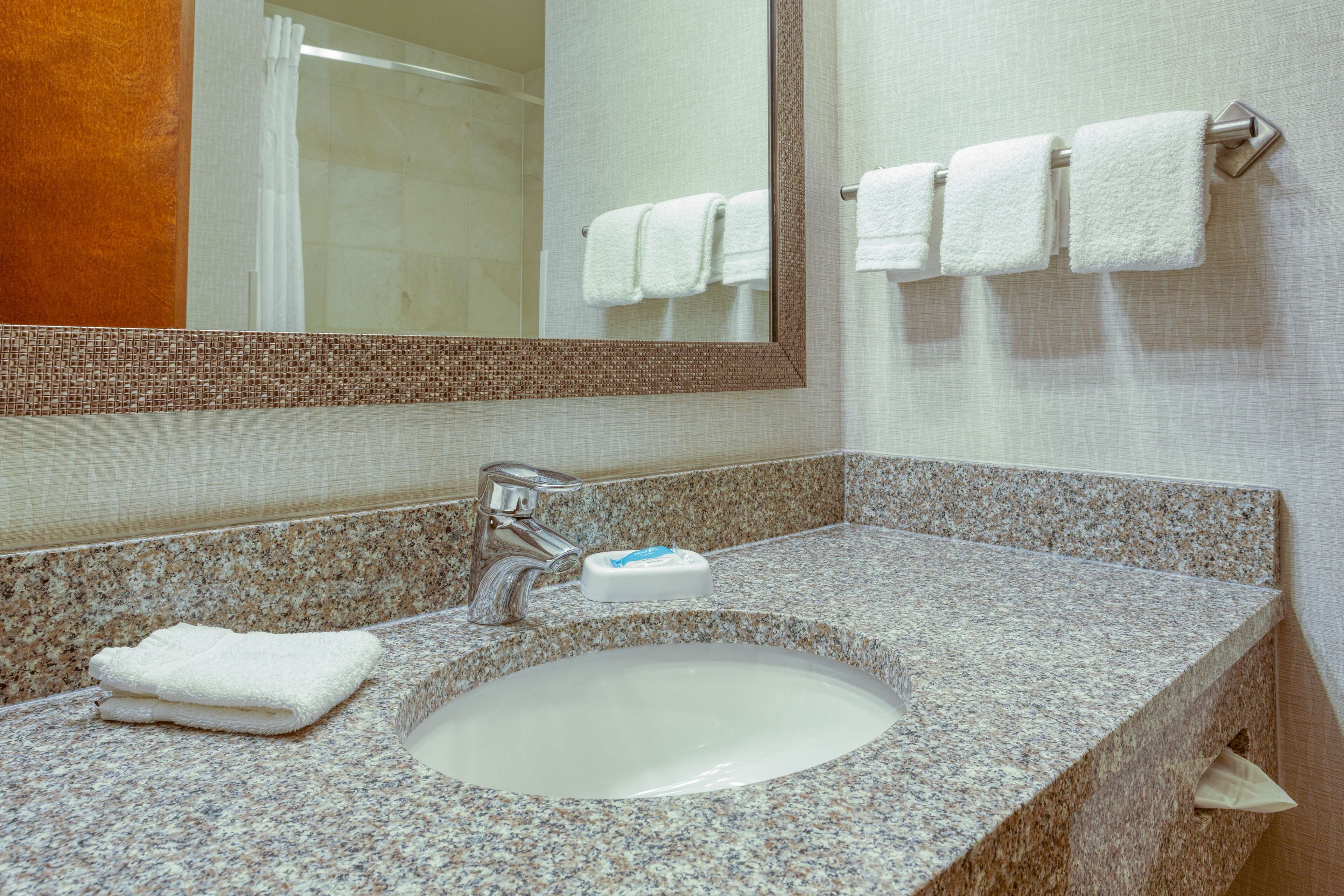 combined shower/bathtub, free toiletries, hair dryer, towels