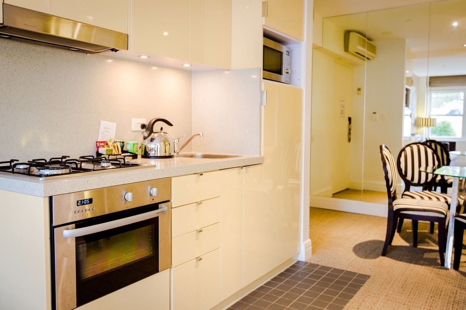 one bedroom open plan | private kitchen | fridge, microwave, coffee/tea maker, electric kettle