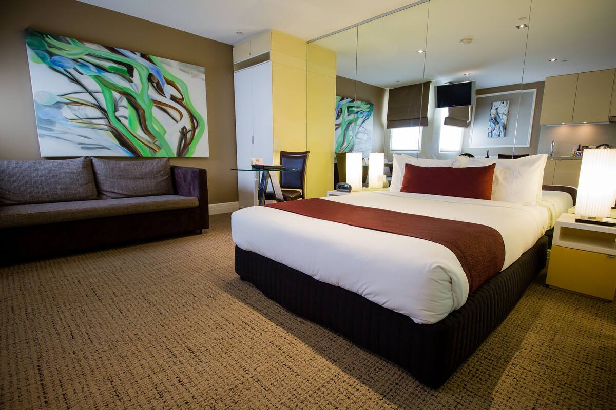 Premium bedding, desk, soundproofing, iron/ironing board
