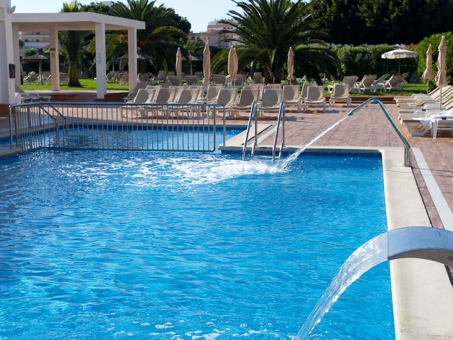 Outdoor pool, pool umbrellas, pool loungers