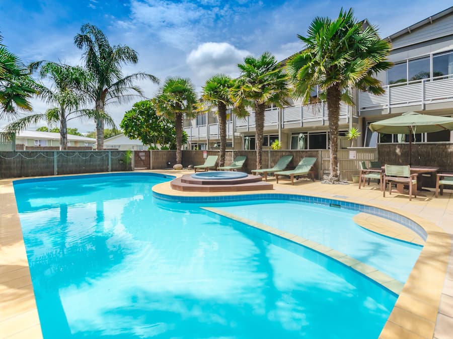 Outdoor pool, pool umbrellas, pool loungers