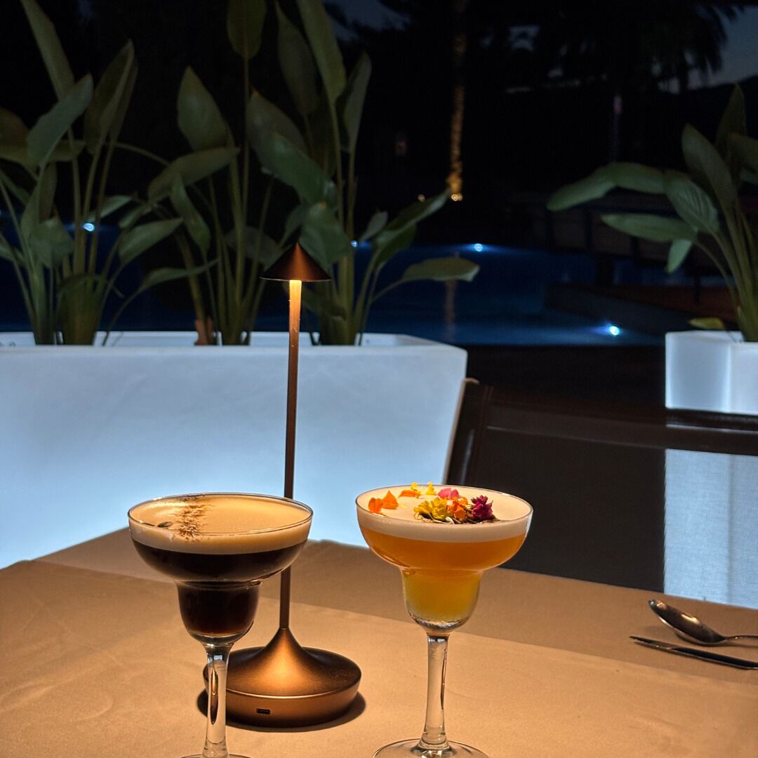 Two cocktails on a table with a candle and potted plants in the background.
