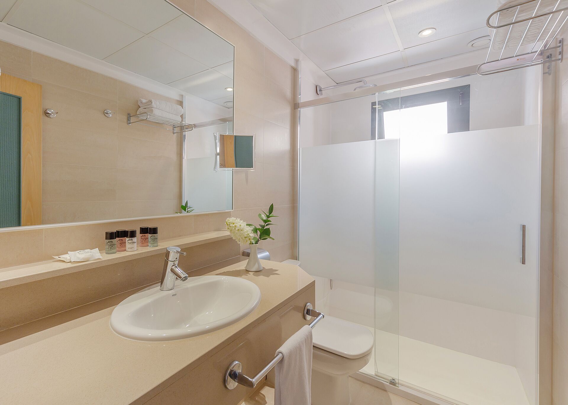 Une salle de bain moderne avec un lavabo, un miroir et une douche à parois de verre.