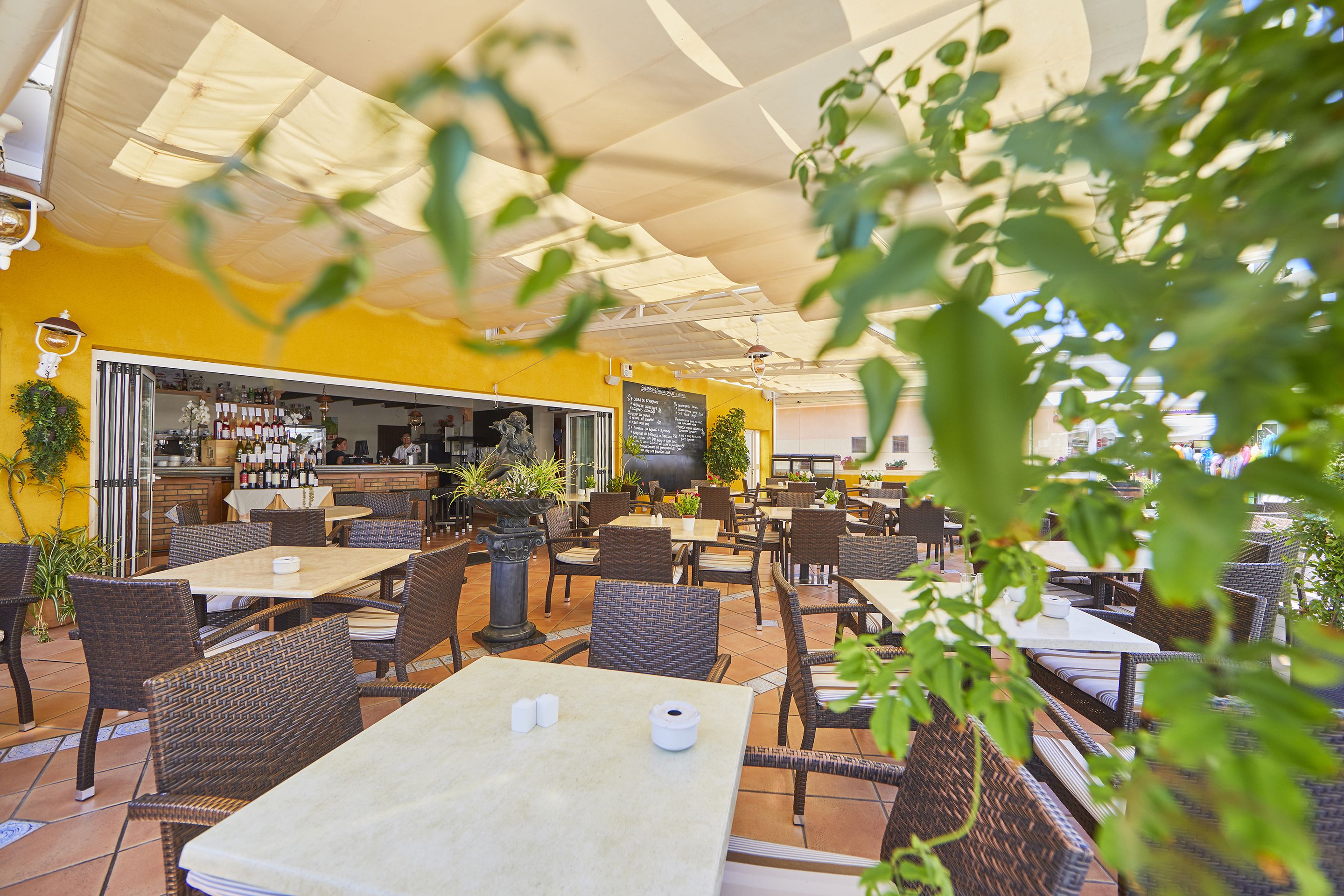 Un café al aire libre con mobiliario de mimbre, una zona de bar y plantas en macetas.