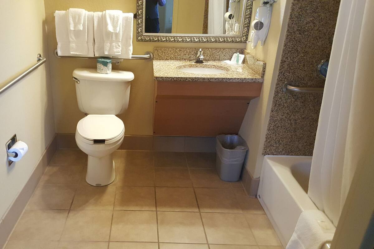 combined shower/bathtub, free toiletries, hair dryer, towels