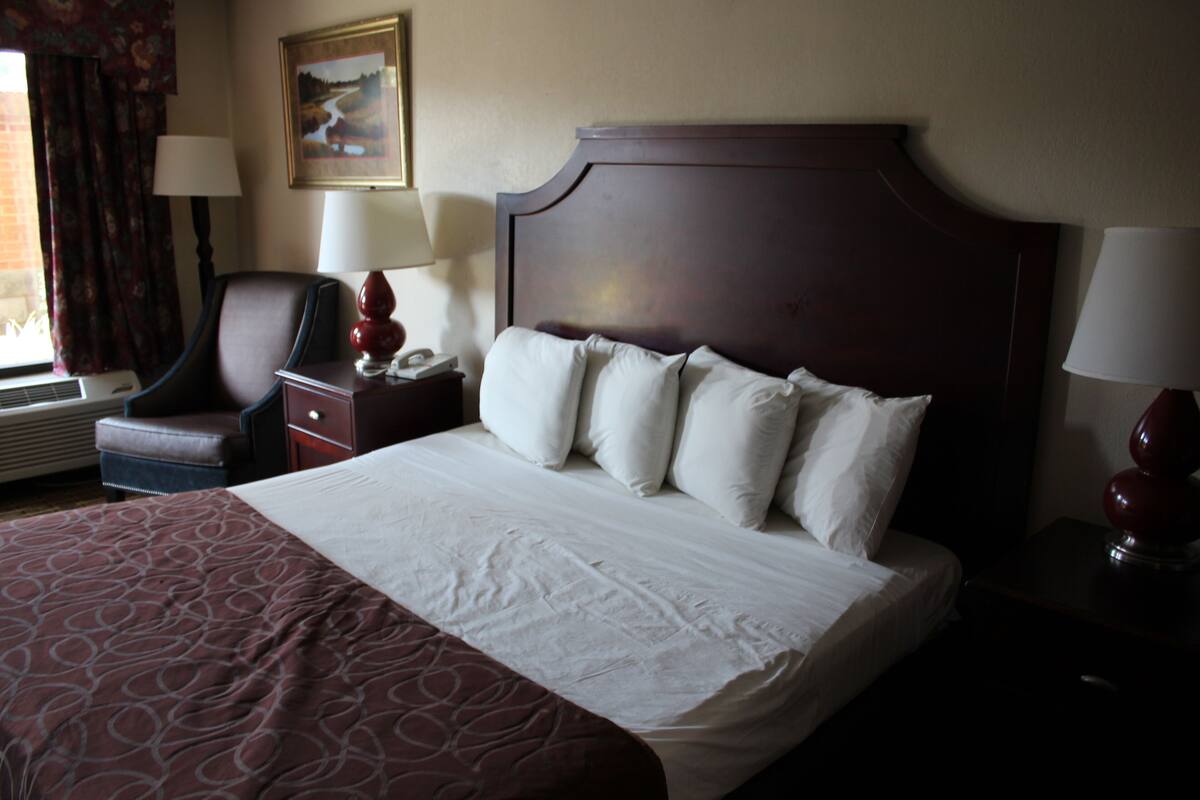 A hotel room with a large bed, a chair, a nightstand, and a lamp.