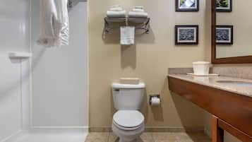 A bathroom with a toilet, a towel rack with folded towels, a sink with a mirror, and framed pictures on the wall.