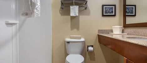Ein Badezimmer mit Toilette, einem Handtuchhalter mit gefalteten Handtüchern, einem Waschbecken mit Spiegel und gerahmten Bildern an der Wand.
