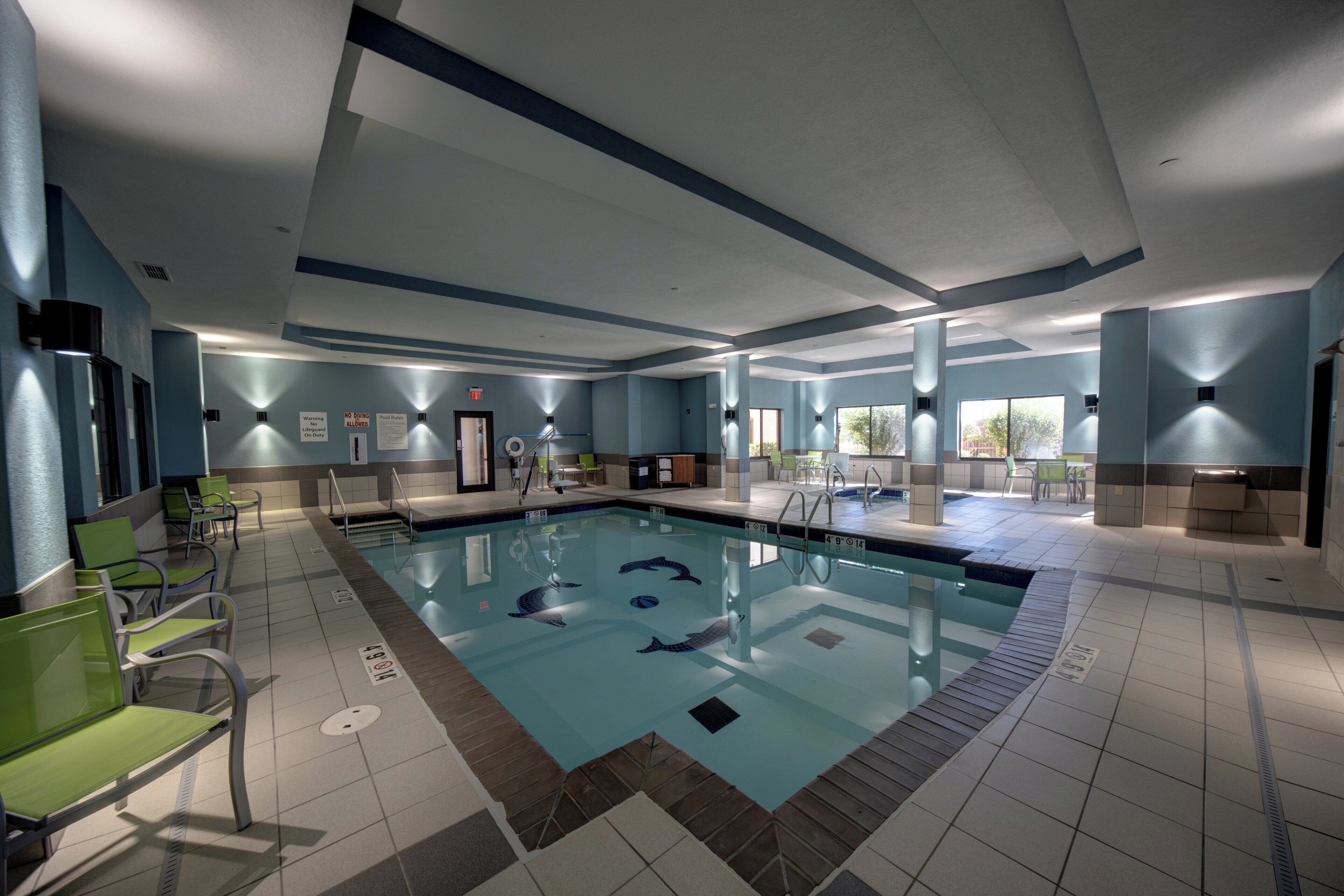 Indoor pool, open 9 AM to 10 PM, sun loungers
