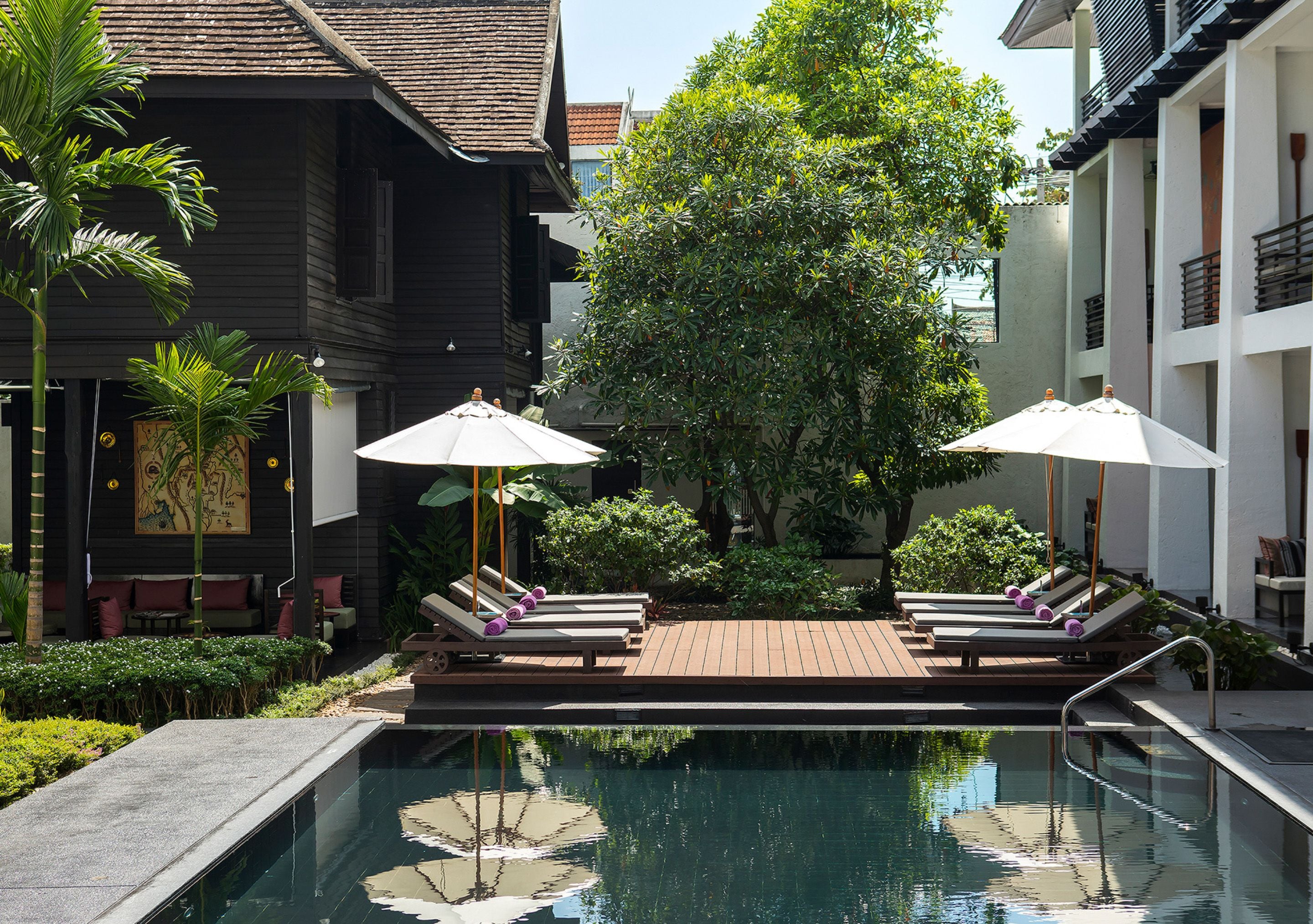 A pool area with lounge chairs and umbrellas, surrounded by greenery and buildings.