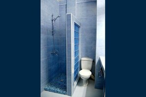 Separate bathtub and shower, towels