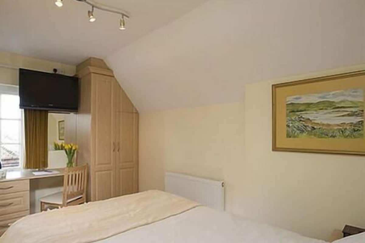 A bedroom with a bed, a desk, a chair, a television, and a painting on the wall.